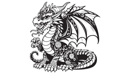 Vector illustration of cartoon dragon waving wing greeting black and white drawing For children to learn to color according to the picture.
