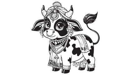 Vector illustration of cartoon cow black and white drawing For children to learn to color according to the picture.
