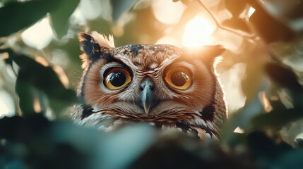 A striking owl gazes intently from a cluster of leaves, showcasing its captivating eyes and intricate feather patterns in a beautiful evening light full of warmth.