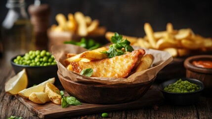 A mouthwatering plate of fish and chips is presented with golden fish fillets, crispy fries, and vibrant green peas, perfect for a traditional British dining experience.