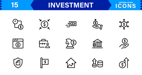 Investment Icon Set Representing Finance, Stocks, Market, Growth, and Risk Management in a Professional, Simple, and Download-Ready Vector Style