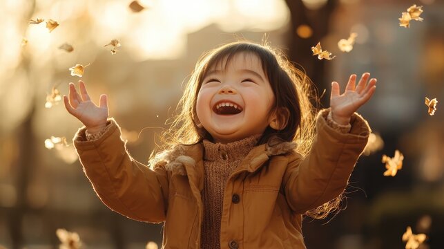 A happy child revels in the joy of autumn, joyfully reaching out with hands as colorful leaves fall around, perfectly capturing the essence of childhood wonder and spontaneous joy. - Powered by Adobe