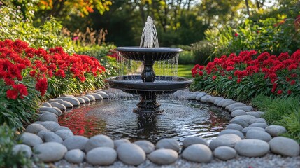 Feng Shui decorative water fountain surrounded by red flowers and rounded stones in a peaceful garden path