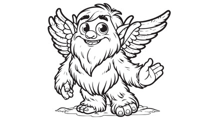 Vector illustration of cartoon yeti waving wing greeting black and white drawing For children to learn to color according to the picture.
