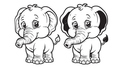 Vector illustration of cartoon Elephants black and white drawing For children to learn to color according to the picture.
