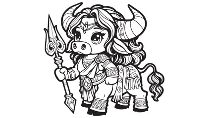 Vector illustration of cartoon angry bull black and white drawing For children to learn to color according to the picture.
