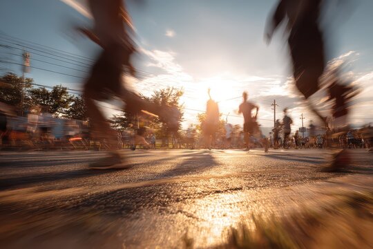 Runners participate in an early summer race, enjoying the warm sunlight and vibrant atmosphere of a community event