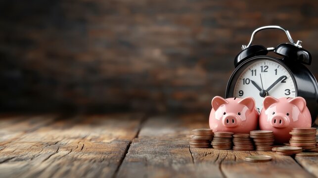 An insightful image featuring piggy banks beside a clock, symbolizing the importance of saving money and time management, emphasizing financial planning and future-oriented strategies.