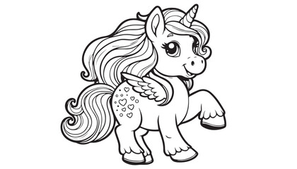 Vector illustration of cartoon Unicorn horse black and white drawing For children to learn to color according to the picture.
