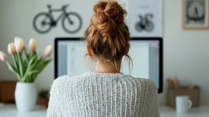 A serene view of a woman working on a computer in a cozy home office, showcasing her thoughtful engagement and a bright workspace filled with greenery and personal touches.