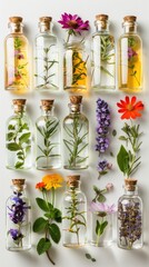 Aromatic essential oils in glass bottles with herbs and flowers on a white background