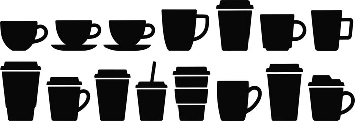Collection of coffee cups and disposable coffee containers
