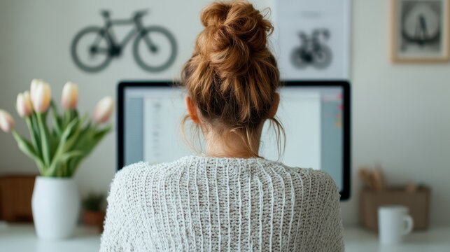 A serene view of a woman working on a computer in a cozy home office, showcasing her thoughtful engagement and a bright workspace filled with greenery and personal touches.