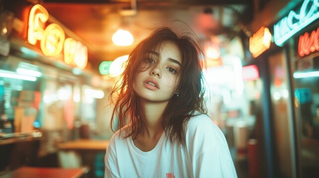 A trendy young woman poses amid vibrant city lights at night, radiating confidence and style, capturing the essence of urban life, energy, and youthful exuberance. - Powered by Adobe