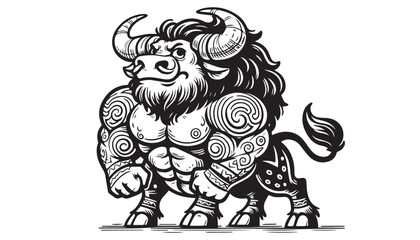 Vector illustration of cartoon angry bull black and white drawing For children to learn to color according to the picture.
