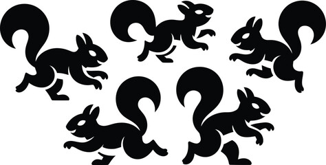 Five stylized black silhouettes of squirrels in various poses