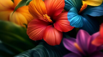 Obraz premium macro of colorful tropical flowers in garden, jungle-style lushness