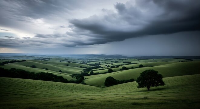 Dramatic landscape of rolling green hills under a dark and stormy cloudy sky