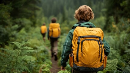 A group of adventurous hikers with yellow backpacks trekking through a lush green forest, creating a sense of exploration and connection with nature amidst beautiful scenery.