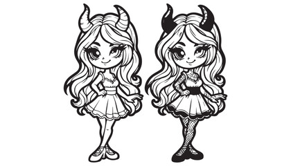 Vector illustration of cartoon devil black and white drawing For children to learn to color according to the picture.
