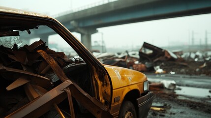 Obraz premium metal scraps and twisted girders in post-disaster urban scene