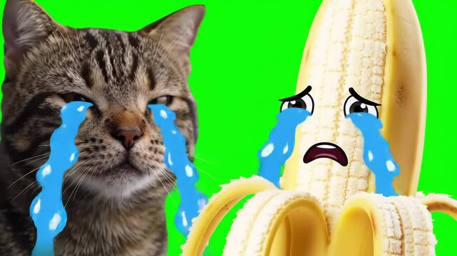 Crying Cat and Banana Character With Green Background
