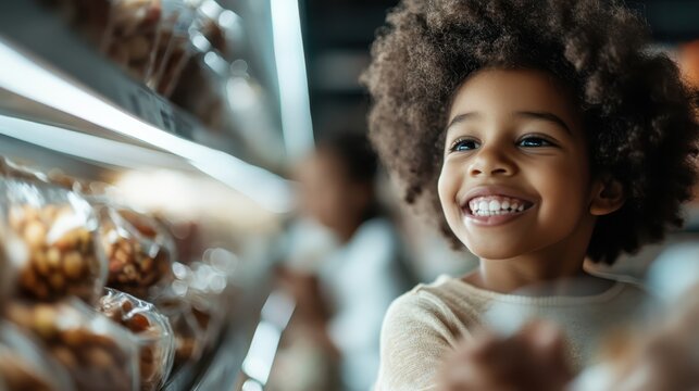 A cheerful child with curly hair eagerly explores a snack aisle, radiating happiness and excitement, encapsulating the simple joys of childhood in a vibrant shopping environment.