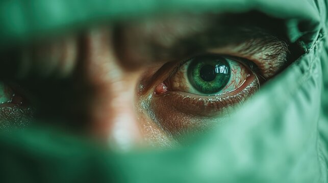 An intense close-up of a man's eye, partially hidden, portrays deep emotion and determination, reflecting resilience and the human spirit under challenges.