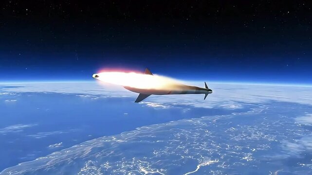 Multi-angle missile flight: close-up flames, drone view trail, radar UI, satellite tracking. Dramatic lighting, slow motion, volumetric clouds. Ultra-realistic, cinematic  military render.