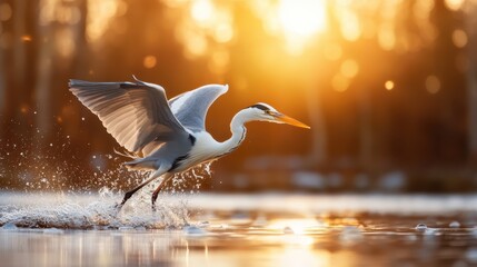 This stunning image captures a heron elegantly taking flight over water during sunset, showcasing the beauty of nature and the freedom of wildlife in motion amidst a tranquil setting.
