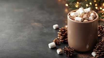A warm cup of hot chocolate, topped with fluffy marshmallows, invites cozy feelings and festive joy, perfectly captured against a backdrop of winter decorations and pine cones.