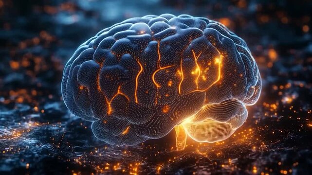 3D model of a glowing brain on a dark background.  Network of connected points forms the brain structure.  Orange/yellow light highlights neural pathways - Powered by Adobe