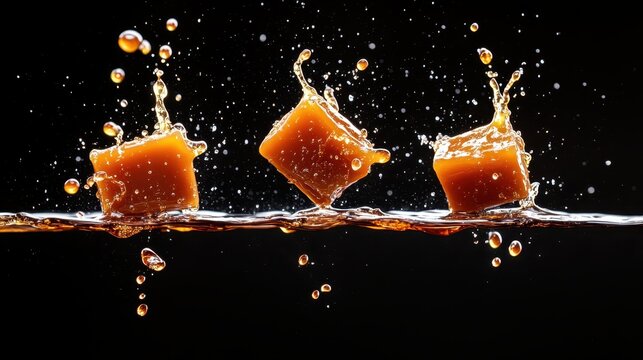 An artistic shot capturing ice cubes splashing into a dark brown liquid, representing refreshment and the cooling sensation of a delightful drink on a stark background.