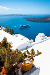 White architecture in Santorini island, Greece. Flowers on the terrace with sea view.