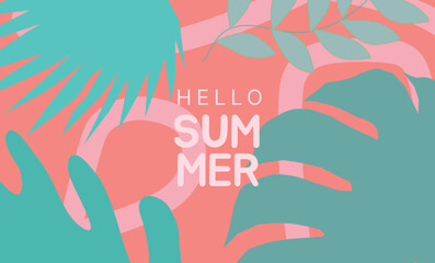 Abstract background with tropical leaves hand drawn vector illustration with text Hello summer banner ,Modern design templates for celebration, ads, branding, card, cover, label, poster, 