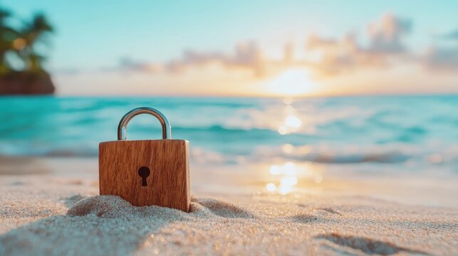 A wooden padlock stands in sand by the beach, illuminated by a stunning sunset, symbolizing security and permanence in a serene setting of nature’s beauty and calmness.