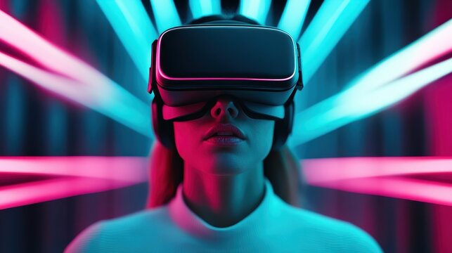 A woman experiences immersive virtual reality with neon light effects surrounding her, illustrating the exciting intersection of technology and human experience in the digital age.