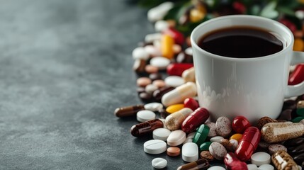 A cup of coffee is surrounded by an array of colorful pills and capsules, highlighting the contrast between daily life stimulants and the pharmaceutical world.