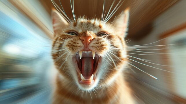 A close-up of a yawning ginger cat highlighting its sharp teeth, capturing the playful and vibrant nature of pets with a creative flair.