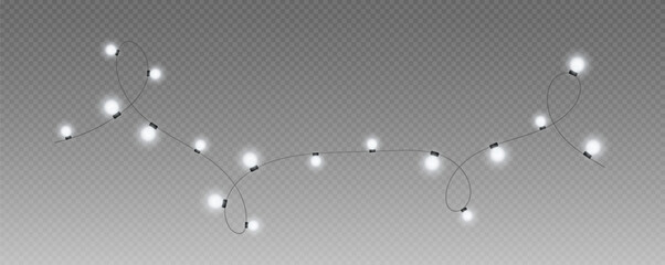 Christmas garland isolated on transparent background. Glowing colorful light bulbs with sparkles.Xmas, New Year, wedding or Birthday decor. Party event decoration. Winter holiday season element.