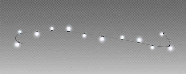 Christmas garland isolated on transparent background. Glowing colorful light bulbs with sparkles.Xmas, New Year, wedding or Birthday decor. Party event decoration. Winter holiday season element.