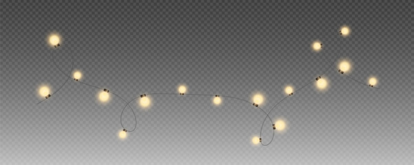 Christmas garland isolated on transparent background. Glowing colorful light bulbs with sparkles.Xmas, New Year, wedding or Birthday decor. Party event decoration. Winter holiday season element.
