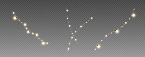 Christmas garland isolated on transparent background. Glowing colorful light bulbs with sparkles.Xmas, New Year, wedding or Birthday decor. Party event decoration. Winter holiday season element.
