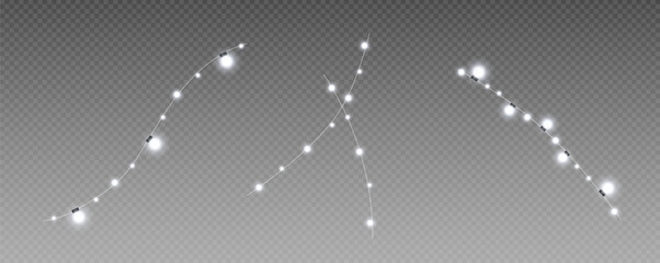 Christmas garland isolated on transparent background. Glowing colorful light bulbs with sparkles.Xmas, New Year, wedding or Birthday decor. Party event decoration. Winter holiday season element.