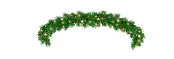 Garland of spruce branches. Christmas holiday decorations, realistic live fir tree effect with decorations for poster banners, png vector.	
