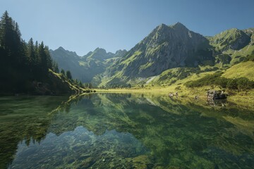 Fototapeta premium Explore serene alpine lake surrounded by majestic mountains under bright summer skies showcasing the beauty of nature and outdoor activities