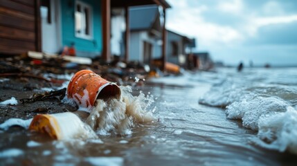 The shoreline is marred by pollution, featuring upturned containers and murky water, highlighting the urgent issue of environmental degradation and its impact on nature.