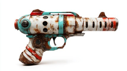 A vintage-inspired pistol with a rusty finish and a unique color scheme shows the blend of art and weaponry, showcasing a stylish design with vibrant teal and red accents.