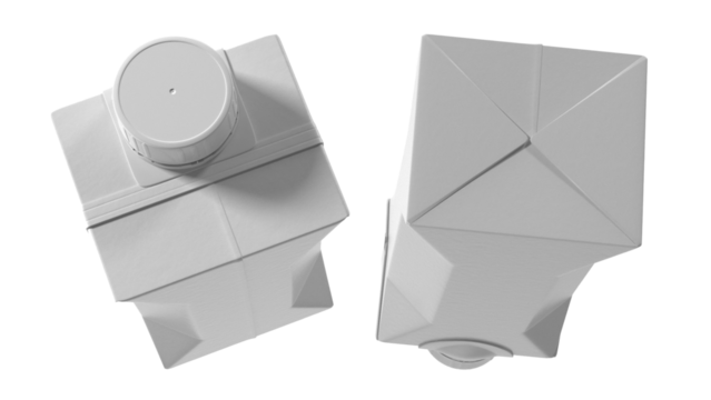 A pair of empty, white milk cartons with a classic design, showcasing their tetrahedral shape and closure.