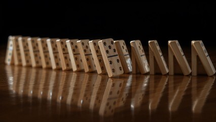 Fototapeta premium Witnessing the classic domino effect as a line of tiles topples, representing the interconnectedness of actions and their far-reaching consequences
